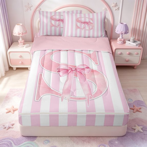 Manfei Abstract Line Art Zipper Full Size Comforter Sets with Fitted Sheet and 2 Pillowcases,Pink Cute Monogrammed S Zipper Bedding Set,Pink Reversible,4 Pieces