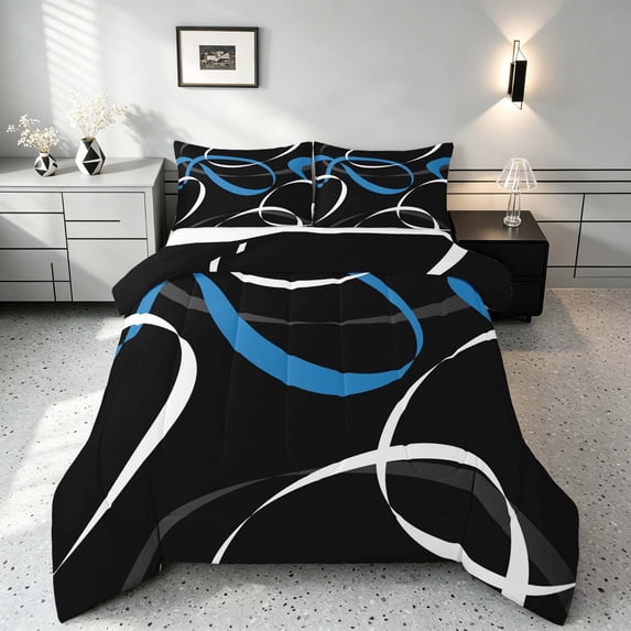 Manfei Abstract Lines Queen Comforter Set, Modern Minimalist Aesthetic Comforter Sets Queen, Blue, White and Black, Black Reversible 3pcs, 1 Comforter and 2 Pillowcases