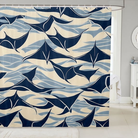 Manfei Abstract Manta Ray Shower Curtain 72Wx72L, Ocean Wave Bathroom Curtain, Cream Navy