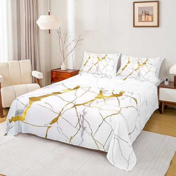 Manfei Abstract Marble 4 Pieces Queen Sheet Sets,Stone Patter Ultra Soft Flat Sheet,Gold Metallic Queen Fitted Sheet,Super Cozy Watercolor Room Decor