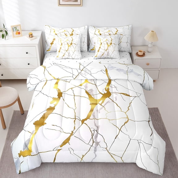 Manfei Abstract Marble 7-Piece Bedding Comforter Set,Stone Patter King Bedding Sets,Gold Metallic Ultra Soft Bed Sheets,Super Cozy Watercolor Room Decor,Reversible