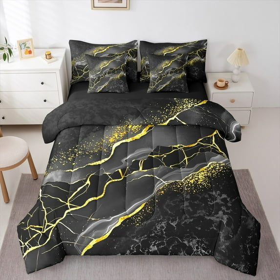 Manfei Abstract Marble 7-Piece Twin Bedding Sets,Black Golden Bedding Comforter Set,Stone Pattern Breathable Sheet Sets,Lightweight Marbling Room Decor,Reversible