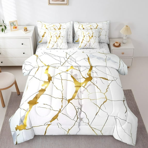 Manfei Abstract Marble 7pcs Bedding Comforter Set,Stone Patter Queen Bedding Sets Super Cozy,Gold Metallic Queen Sheet Sets,Super Cozy Watercolor Room Decor,Reversible