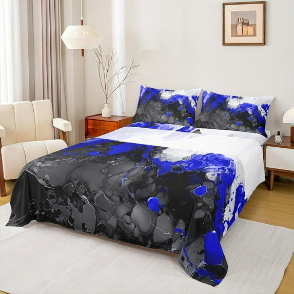 Manfei Abstract Marble Bed Sheets 4pcs, Black Blue White King Sheets, Modern Watercolor Marbling Sheet Set, Super Cozy Room Decor