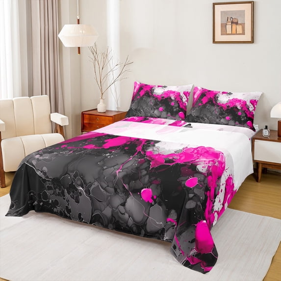 Manfei Abstract Marble Bed Sheets 4pcs, Black Hot Pink White King Sheets, Modern Watercolor Marbling Sheet Set, Ultra Soft Home Decor