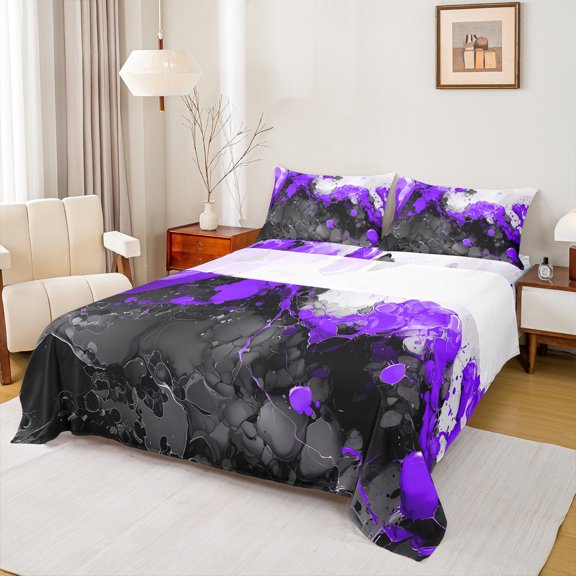Manfei Abstract Marble Bed Sheets 4pcs, Black Purple White King Sheets, Modern Watercolor Marbling Sheet Set, Lightweight Room Decor