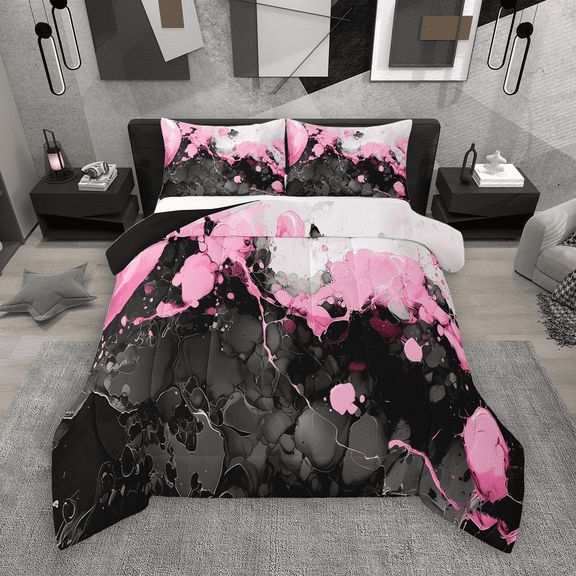 Manfei Abstract Marble Bedding Comforter Set 2pcs, Black Pink White Twin Comforter Sets, Modern Watercolor Marbling Bedding Set, Luxury Bedroom Decor