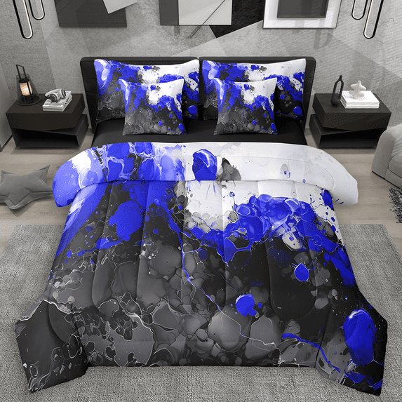 Manfei Abstract Marble Bedding Comforter Set 7-Piece, Black Blue White Full Bedding Set, Modern Watercolor Marbling Fitted Sheet Flat Sheet, Super Cozy Room Decor