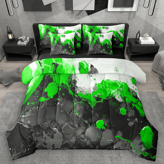 Manfei Abstract Marble Bedding Comforter Set 7-Piece, Black Green White Full Bedding Set, Modern Watercolor Marbling Fitted Sheet Flat Sheet, Microfiber Bedroom Decor