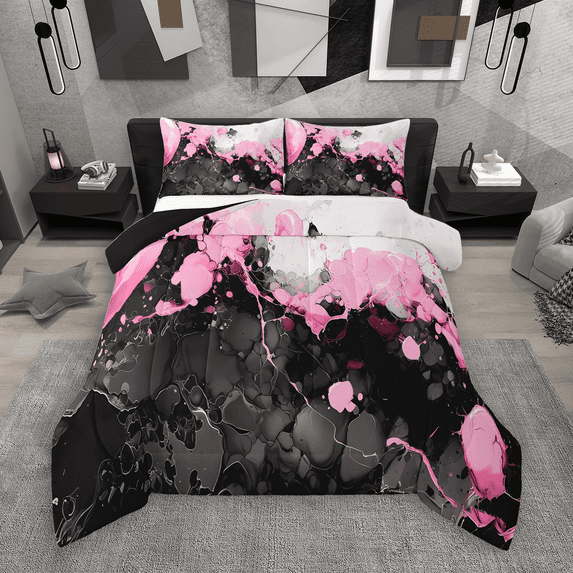 Manfei Abstract Marble Full Size Comforter Sets 3-Piece, Black Pink White Bedding Comforter Set, Modern Watercolor Marbling Bedding Sets, Luxury Bedroom Decor