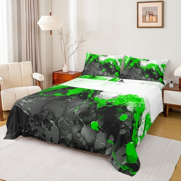 Manfei Abstract Marble Queen Sheet Sets 4 Pieces, Black Green White Flat Sheet, Modern Watercolor Marbling Queen Fitted Sheet, Microfiber Bedroom Decor