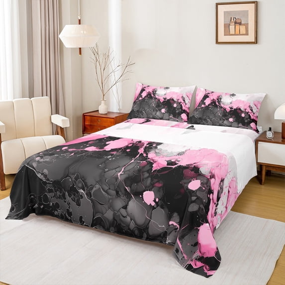 Manfei Abstract Marble Queen Sheet Sets 4 Pieces, Black Pink White Flat Sheet, Modern Watercolor Marbling Queen Fitted Sheet, Luxury Bedroom Decor