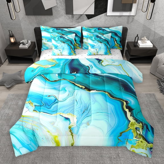 Manfei Abstract Marble Texture 7-Piece Bedding Comforter Set,Fluid Stripe Aesthetic King Bedding Sets,Gold Blue Bed Sheets For Kids,Lightweight Room Decor Reversible