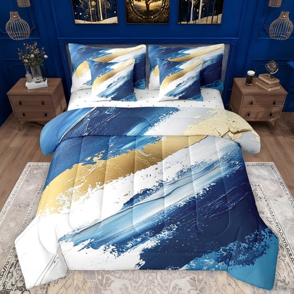 Manfei Abstract Marble Texture 7 Pieces Bedding Comforter Set,Modern Graffiti Art Full Bedding Set,Gold Blue White Fitted Sheet Flat Sheet For Men Women,Luxury Bedroom Decor Reversible
