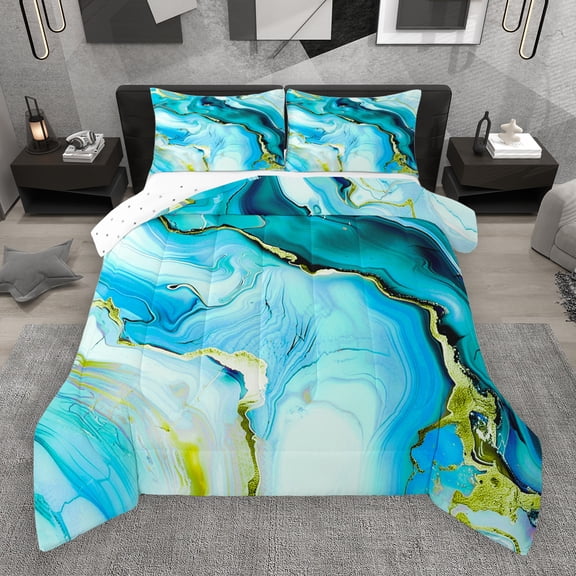Manfei Abstract Marble Texture Full Size Comforter Sets,Fluid Stripe Aesthetic Bedding Comforter Set,Gold Blue Bedding Sets For Kids,Lightweight Room Decor Reversible,3-Piece
