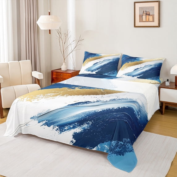 Manfei Abstract Marble Texture Twin Sheet Sets,Modern Graffiti Art Twin Fitted Sheet,Gold Blue White Flat Sheet For Men Women,Luxury Bedroom Decor,3-Piece