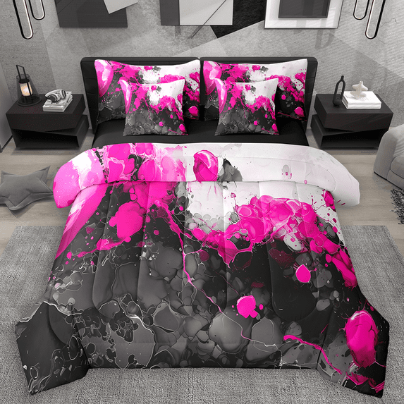 Manfei Abstract Marble Twin Bedding Sets 7pcs, Black Hot Pink White Bedding Comforter Set, Modern Watercolor Marbling Sheet Sets, Ultra Soft Home Decor