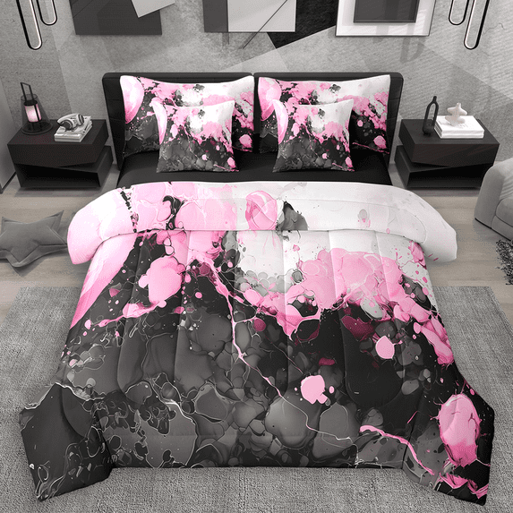 Manfei Abstract Marble Twin Bedding Sets 7pcs, Black Pink White Bedding Comforter Set, Modern Watercolor Marbling Sheet Sets, Luxury Bedroom Decor