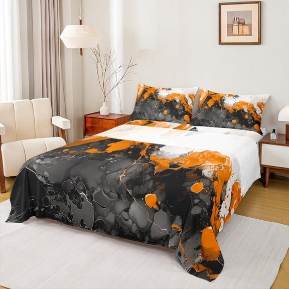 Manfei Abstract Marble Twin Sheet Sets 3pcs, Black Orange White Twin Fitted Sheet, Modern Watercolor Marbling Flat Sheet, Breathable Home Decor