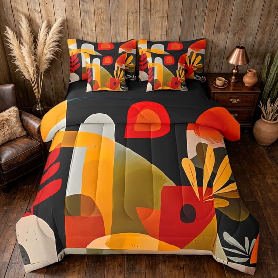 Manfei Abstract Mid-Century King Bedding, Minimalist Leaf King Bed in a Bag, Orange Red, Black Reversible 7pcs