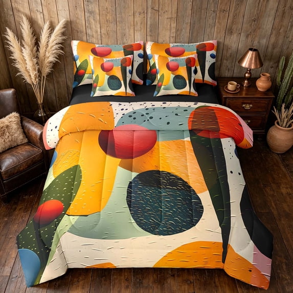 Manfei Abstract Mid-Century Queen Bedding, Minimalist Leaf Bedding Comforter Set Queen, Orange Blue, Black Reversible 7pcs