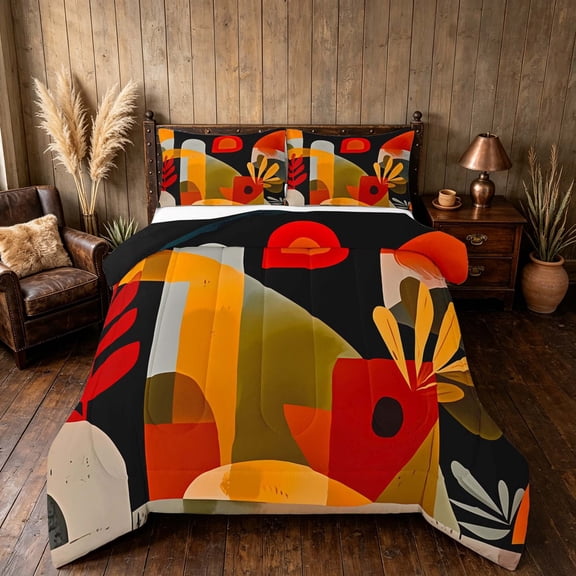Manfei Abstract Mid-Century Queen Comforter Set, Minimalist Leaf Comforter Sets Queen, Orange Red, Black Reversible 3-Piece, 1 Comforter and 2 Pillowcases