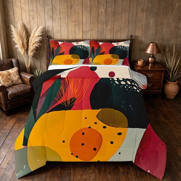 Manfei Abstract Mid-Century Queen Comforter Set, Minimalist Leaf Comforter Sets Queen, Red Green, Black Reversible 3pcs, 1 Comforter and 2 Pillowcases
