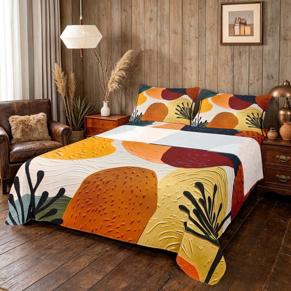 Manfei Abstract Mid-Century Queen Sheets, Minimalist Leaf Queen Sheet Sets, Orange Teal, Black Reversible 4 Pieces1 Flat Sheet + 1 Fitted Sheet + 2 Pillowcases