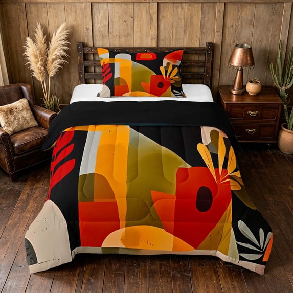 Manfei Abstract Mid-Century Twin Comforter Sets, Minimalist Leaf Bedding Set, Orange Red, Black Reversible 2-Piece, 1 Comforter and 1 Pillowcase