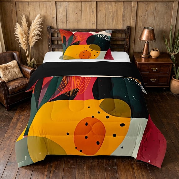 Manfei Abstract Mid-Century Twin Comforter Sets, Minimalist Leaf Bedding Set, Red Green, Black Reversible 2pcs, 1 Comforter and 1 Pillowcase