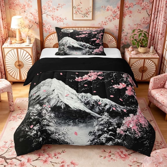 Manfei Abstract Moon Fuji Twin Comforter Sets, Cherry Blossom Petal Bedding Set Home Decor, Black Pink White, Black Reversible 2pcs, 1 Comforter and 1 Pillowcase
