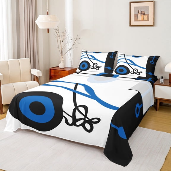 Manfei Abstract Music Note Full Size Sheets,Geometric Circle Bed Sheets,Blue Black White Sheet Sets,Luxury Bedroom Decor,4pcs
