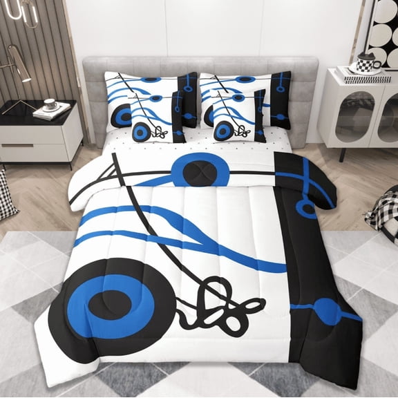 Manfei Abstract Music Note Twin Bedding Sets 7-Piece,Geometric Circle Bedding Comforter Set,Blue Black White Sheet Sets,Luxury Bedroom Decor