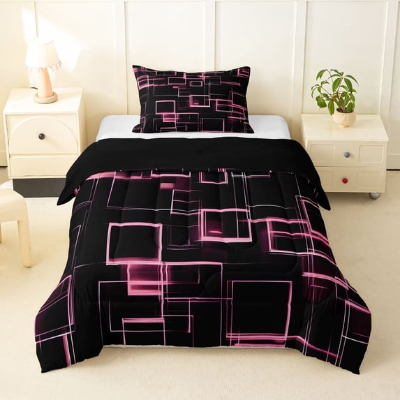 Manfei Abstract Neon Square Twin Comforter Sets, Geometric Line Bedding Set, Light Pink and Black, Black Reversible 2-Piece, 1 Comforter and 1 Pillowcase