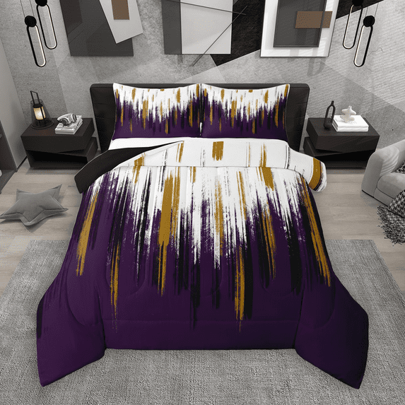 Manfei Abstract Oil Painting Bedding Comforter Set 2pcs, Purple Gold Ombre Twin Comforter Sets, Watercolor Brush Strokes Bedding Set, Super Cozy Room Decor