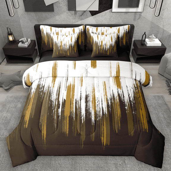Manfei Abstract Oil Painting Bedding Comforter Set 7 Pieces, Brown Gold Ombre Queen Bedding Sets, Watercolor Brush Strokes Queen Sheet Sets, Super Cozy Room Decor