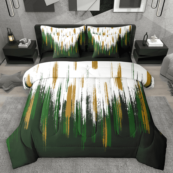Manfei Abstract Oil Painting Bedding Comforter Set 7 Pieces, Green Gold Ombre Queen Bedding Sets, Watercolor Brush Strokes Queen Sheet Sets, Microfiber Bedroom Decor