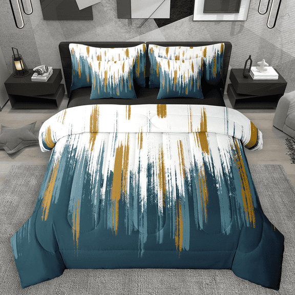 Manfei Abstract Oil Painting Bedding Comforter Set 7 Pieces, Teal Gold Ombre Queen Bedding Sets, Watercolor Brush Strokes Queen Sheet Sets, Ultra Soft Home Decor