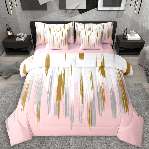 Manfei Abstract Oil Painting Bedding Comforter Set 7pcs, Pink Gold Ombre King Bedding Sets, Watercolor Brush Strokes Bed Sheets, Lightweight Room Decor