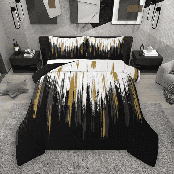 Manfei Abstract Oil Painting Full Size Comforter Sets 3-Piece, Black Gold Ombre Bedding Comforter Set, Watercolor Brush Strokes Bedding Sets, Luxury Bedroom Decor