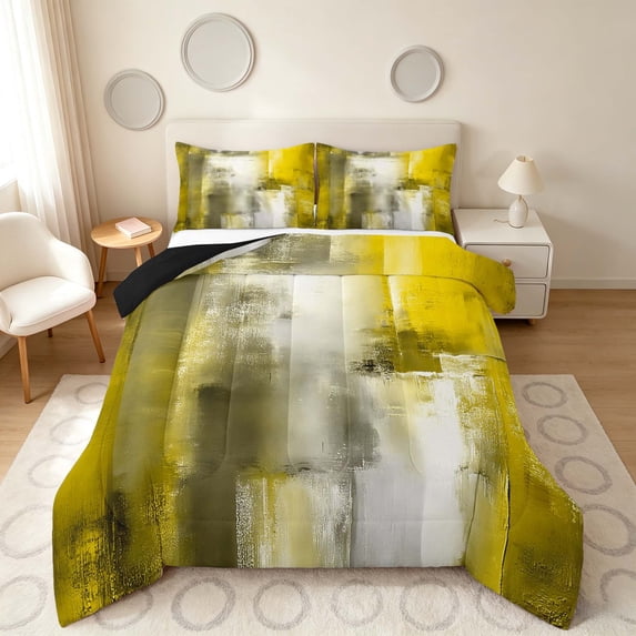 Manfei Abstract Oil Painting Full Size Comforter Sets, Yellow Gray Brushstroke Bedding Comforter Set, Yellow Gray, Black Reversible 3pcs, 1 Comforter and 2 Pillowcases