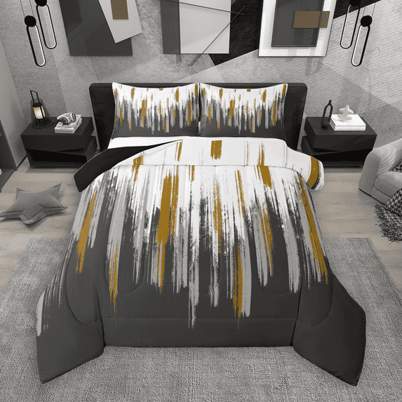 Manfei Abstract Oil Painting Queen Comforter Set 3 Pieces, Gray Gold Ombre Bedding Sets, Watercolor Brush Strokes Bedding Comforter Set, Luxury Bedroom Decor