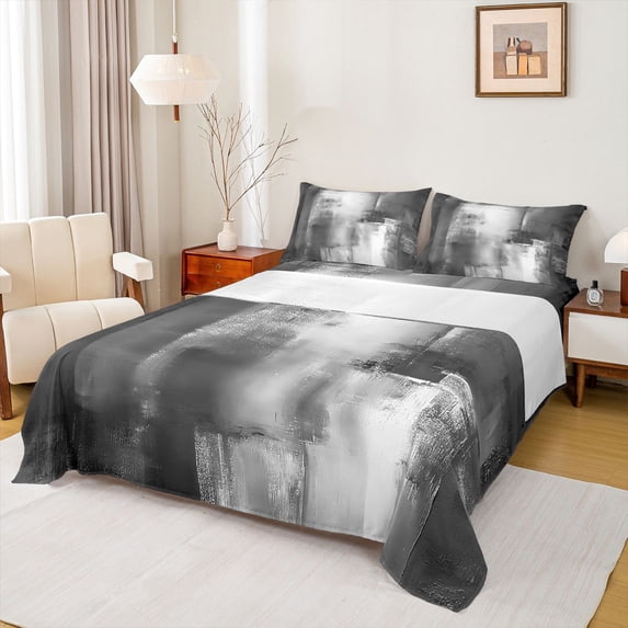 Manfei Abstract Oil Painting Queen Sheets, Black Gray Brushstroke Queen Sheet Sets, Black Gray, Black Reversible 4 Pieces1 Flat Sheet + 1 Fitted Sheet + 2 Pillowcases