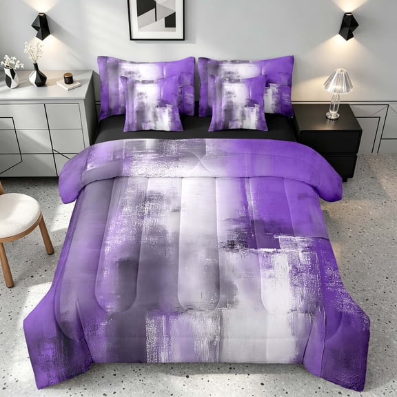 Manfei Abstract Oil Painting Twin Bedding, Purple Gray Brushstroke Bedding Comforter Set, Purple Gray, Black Reversible 7pcs