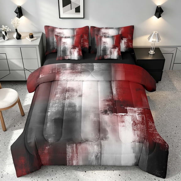 Manfei Abstract Oil Painting Twin Bedding, Red Black Brushstroke Bedding Comforter Set, Red Black, Black Reversible 7pcs