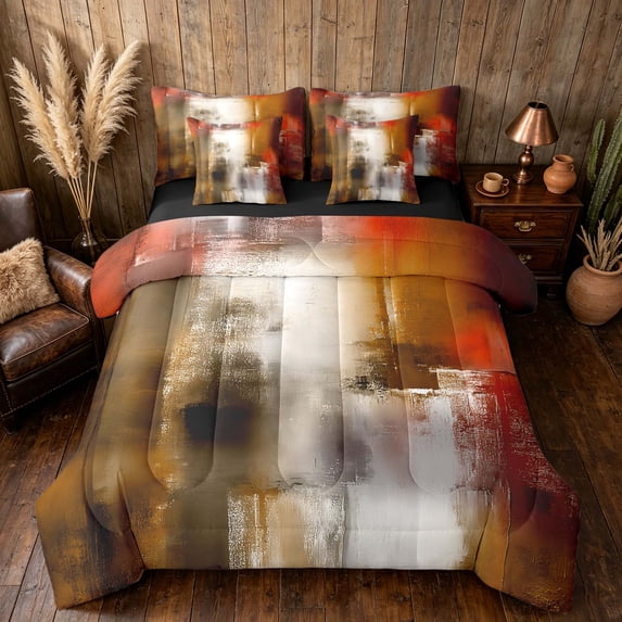 Manfei Abstract Oil Painting Twin Bedding, Red Brown Brushstroke Bedding Comforter Set, Red Brown, Black Reversible 7 Pieces