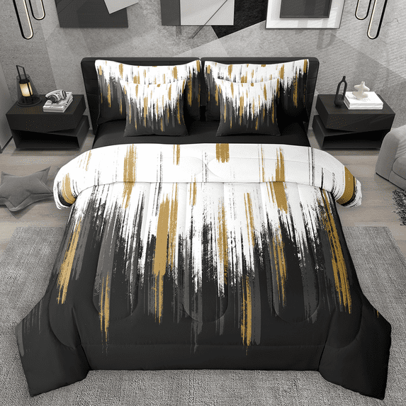 Manfei Abstract Oil Painting Twin Bedding Sets 7pcs, Black Gold Ombre Bedding Comforter Set, Watercolor Brush Strokes Sheet Sets, Luxury Bedroom Decor