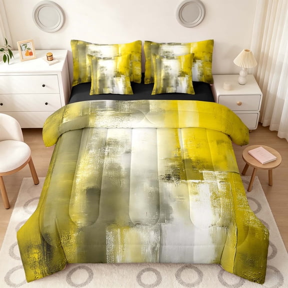Manfei Abstract Oil Painting Twin Bedding, Yellow Gray Brushstroke Bedding Comforter Set, Yellow Gray, Black Reversible 7 Pieces
