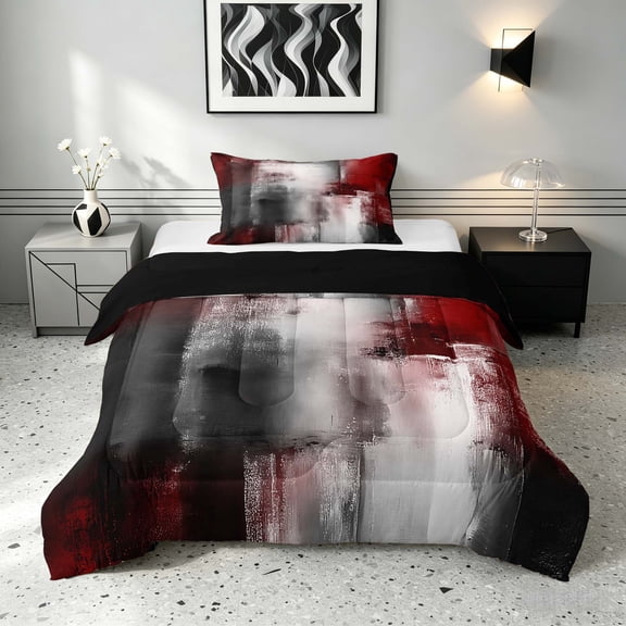 Manfei Abstract Oil Painting Twin Comforter Sets, Red Black Brushstroke Bedding Set, Red Black, Black Reversible 2-Piece, 1 Comforter and 1 Pillowcase