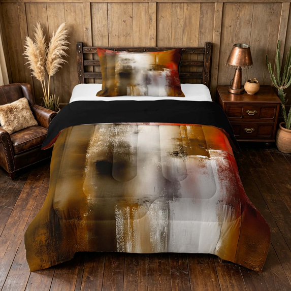 Manfei Abstract Oil Painting Twin Comforter Sets, Red Brown Brushstroke Bedding Set, Red Brown, Black Reversible 2pcs, 1 Comforter and 1 Pillowcase